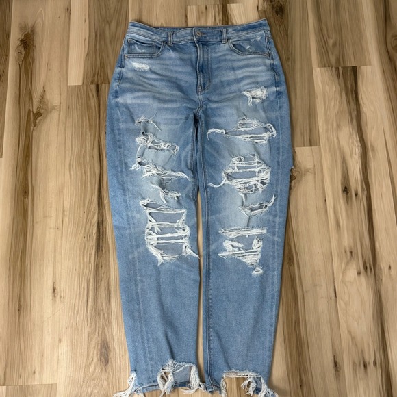 American Eagle Mom Jeans | Size 12L Heavy Distress | Light Wash | Real Good - Picture 5 of 8